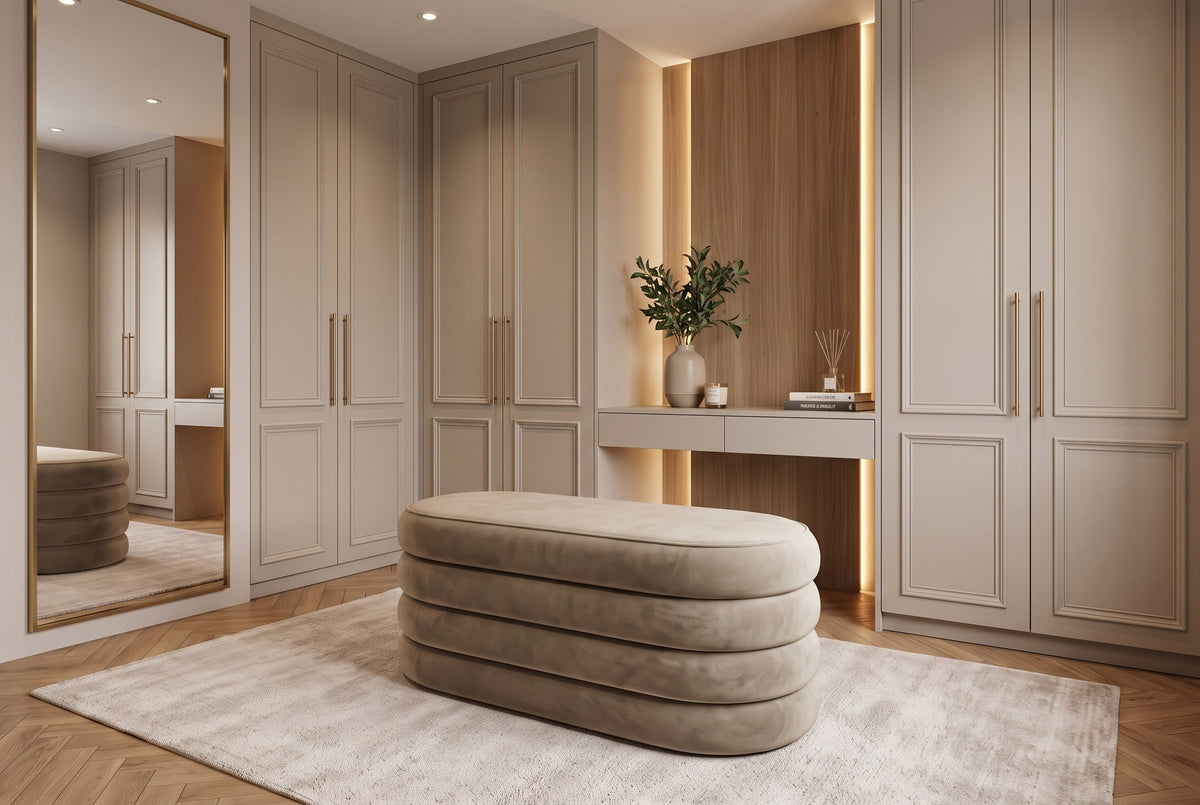 Extravagante banquette rembourrée VOGUE 85 cm champagne velours avec rangement