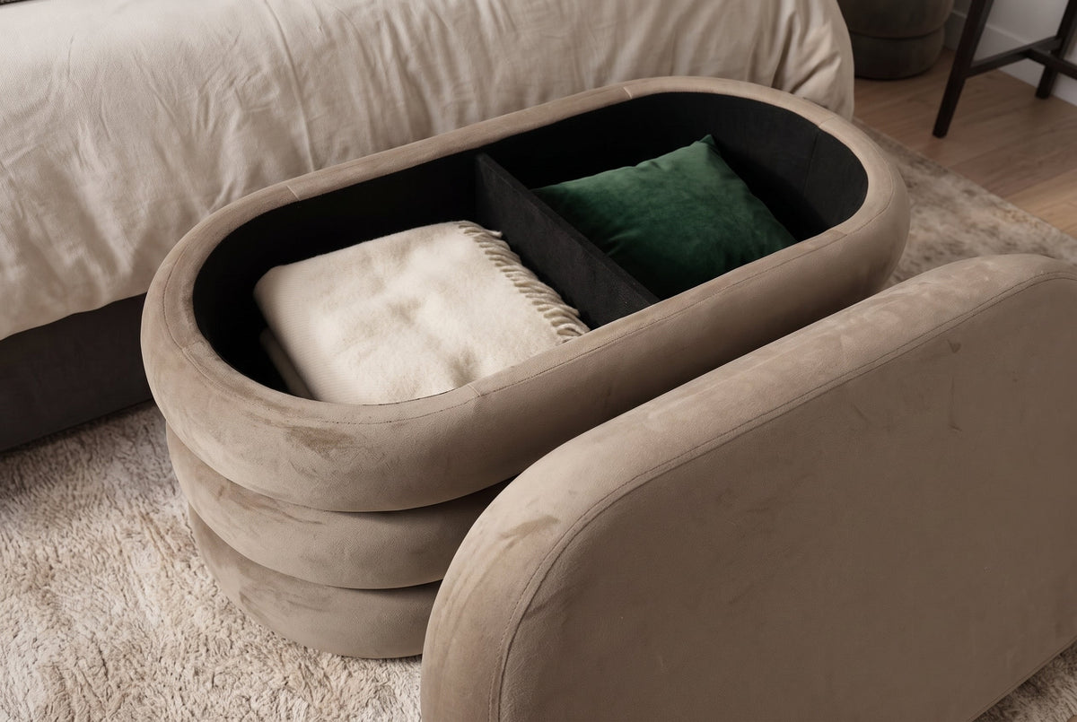 Extravagante banquette rembourrée VOGUE 85 cm champagne velours avec rangement