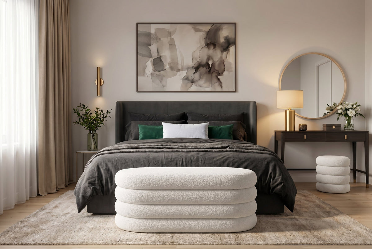 Extravagante banquette rembourrée VOGUE 85cm blanche bouclé banquette avec rangement
