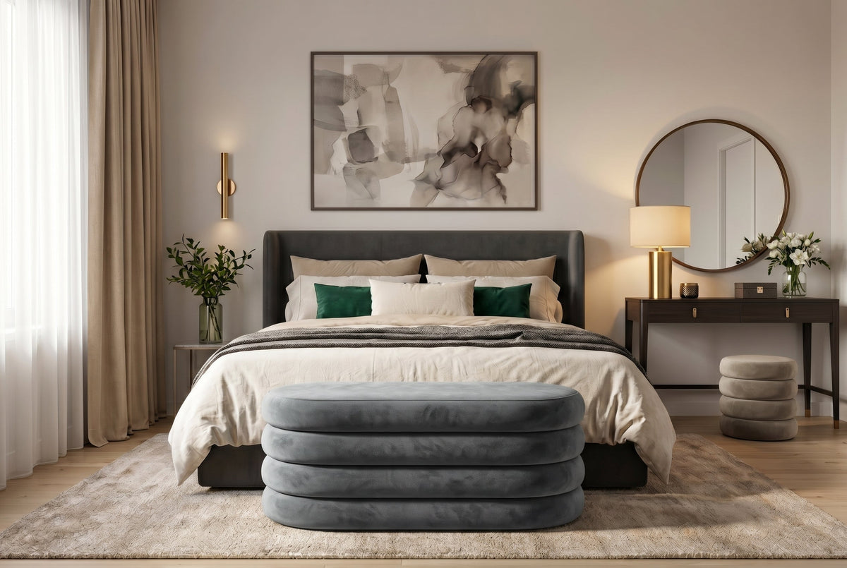 Extravagante Polsterbank VOGUE 85cm grau Samt Sitzbank mit Stauraum