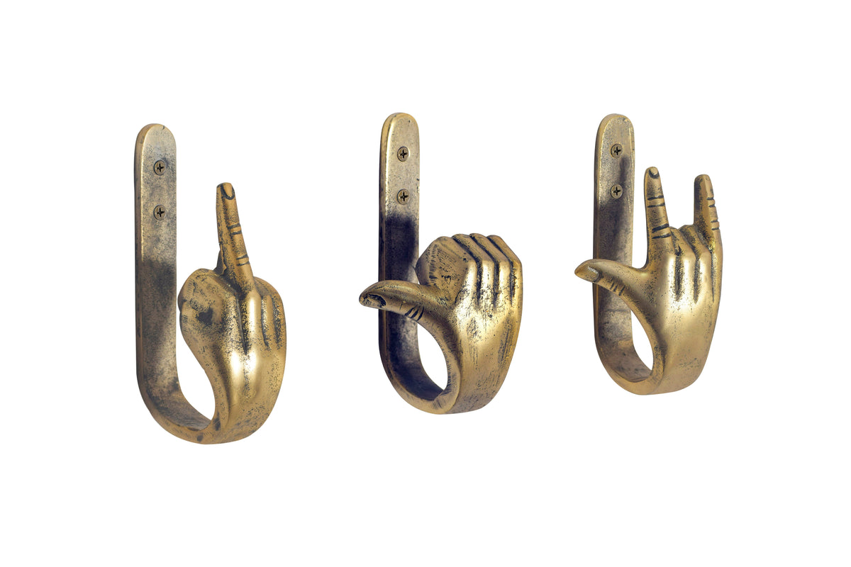 Extravagantes 3er Set Kleiderhaken FINGERS messing Metall-Aluminium Wandgarderobe