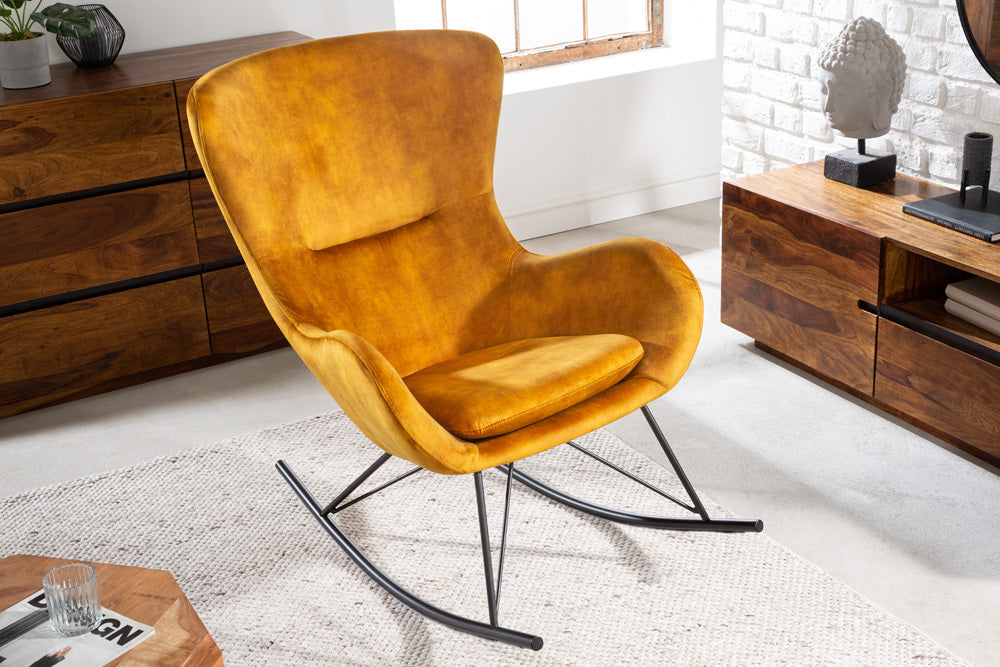 Fauteuil à bascule design SCANDINAVIA SWING en velours jaune moutarde