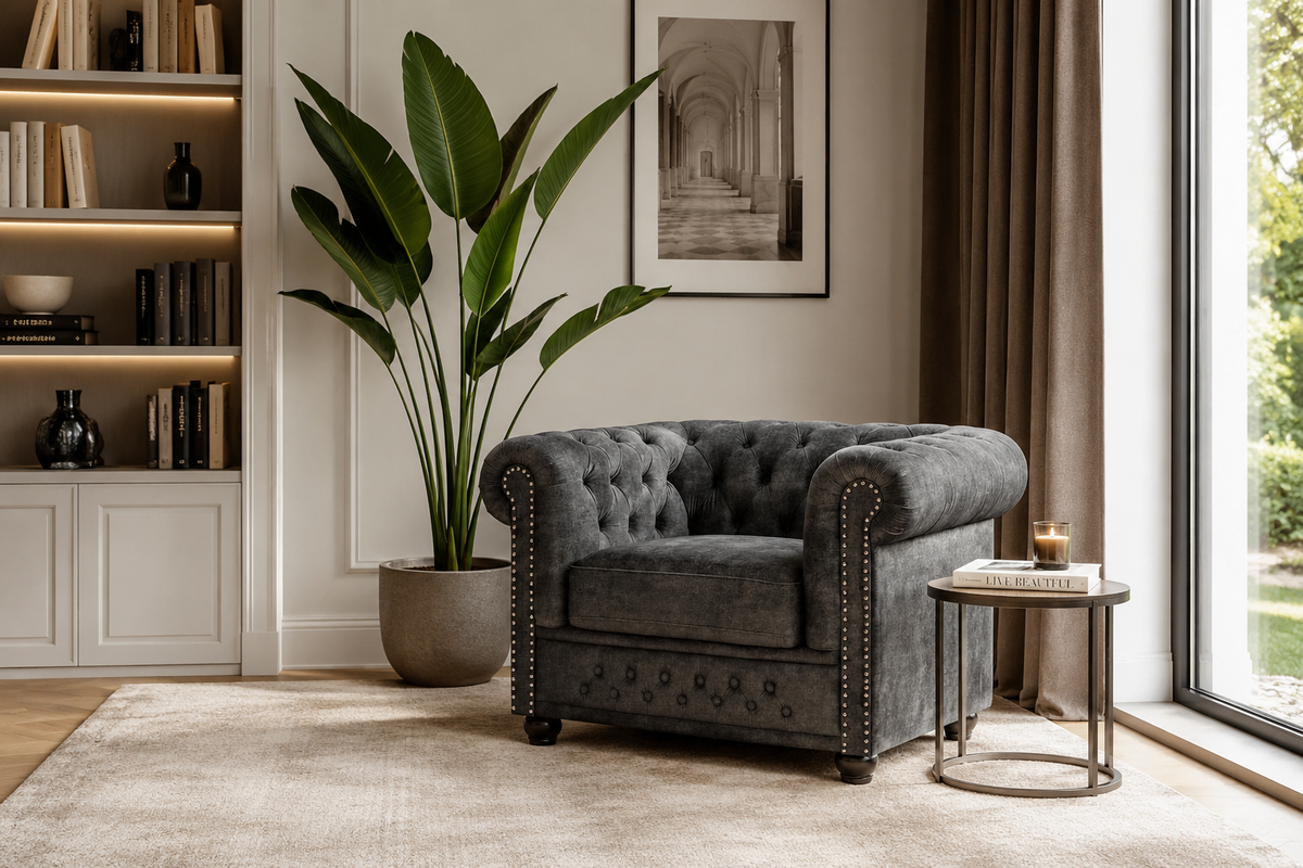 Fauteuil baroque CHESTERFIELD âme à ressorts en velours gris avec surpiqûres de boutons