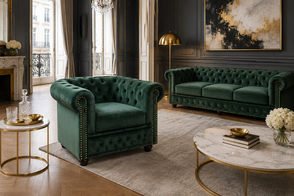 fauteuil baroque CHESTERFIELD vert bouteille velours noyau à ressorts avec boutonnage