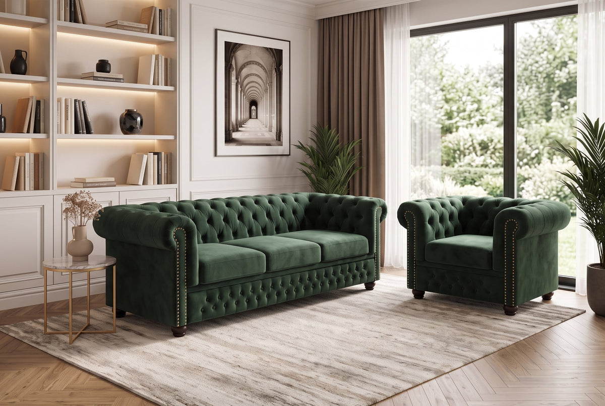 fauteuil baroque CHESTERFIELD vert bouteille velours noyau à ressorts avec boutonnage
