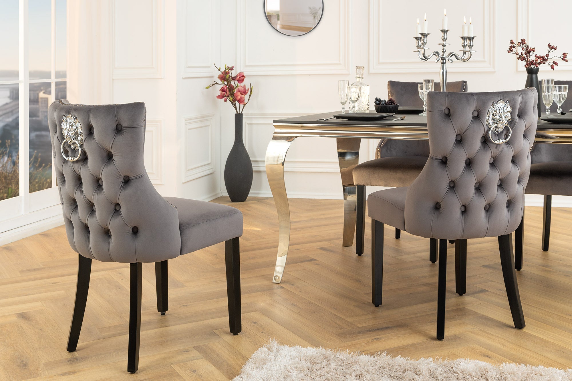 Lote de 2x sillones Chesterfield CASTLE DELUXE de terciopelo gris con remaches de cabeza de león