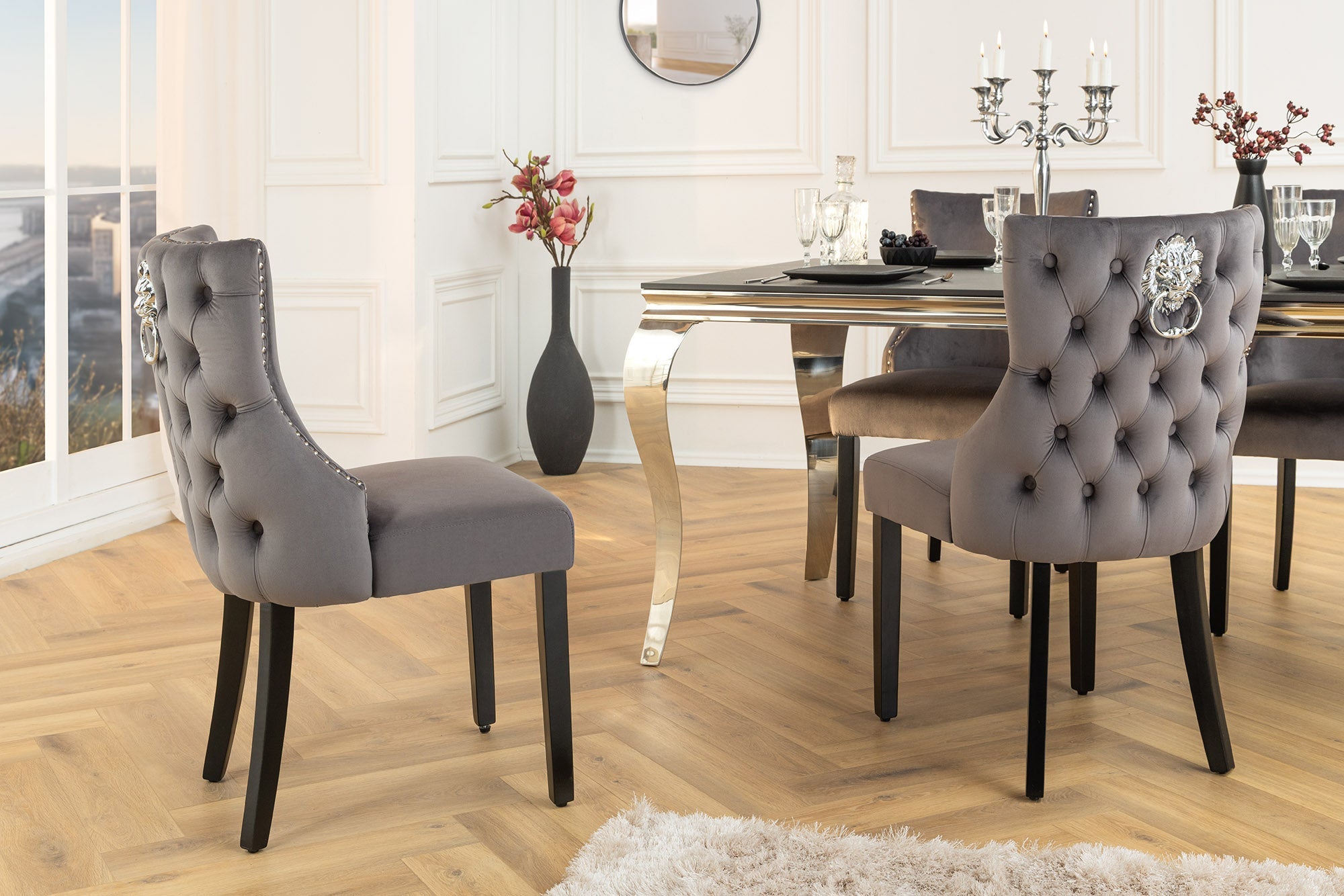 Lote de 2x sillones Chesterfield CASTLE DELUXE de terciopelo gris con remaches de cabeza de león