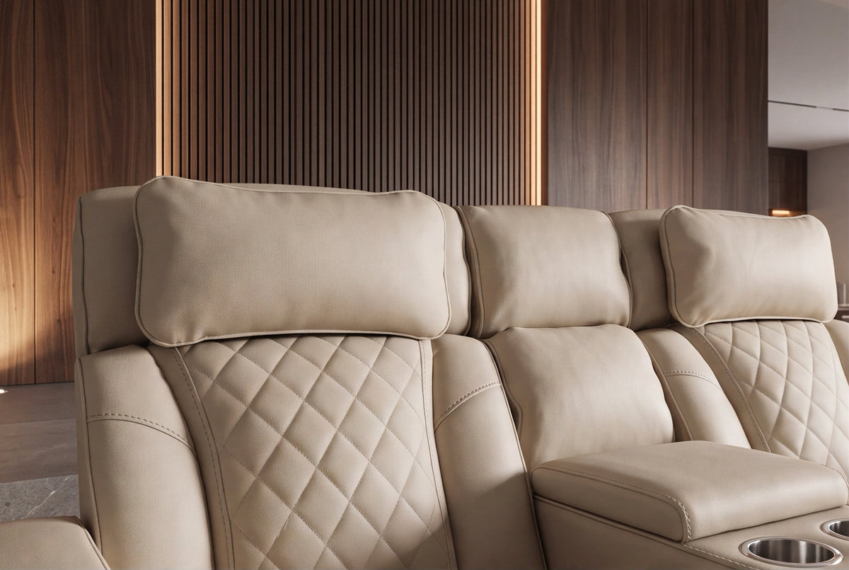 Fauteuil de cinéma électrique 2 places HOLLYWOOD beige similicuir fonction relaxation porte-gobelet