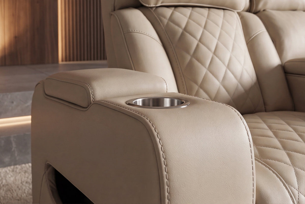 Fauteuil de cinéma électrique 2 places HOLLYWOOD beige similicuir fonction relaxation porte-gobelet
