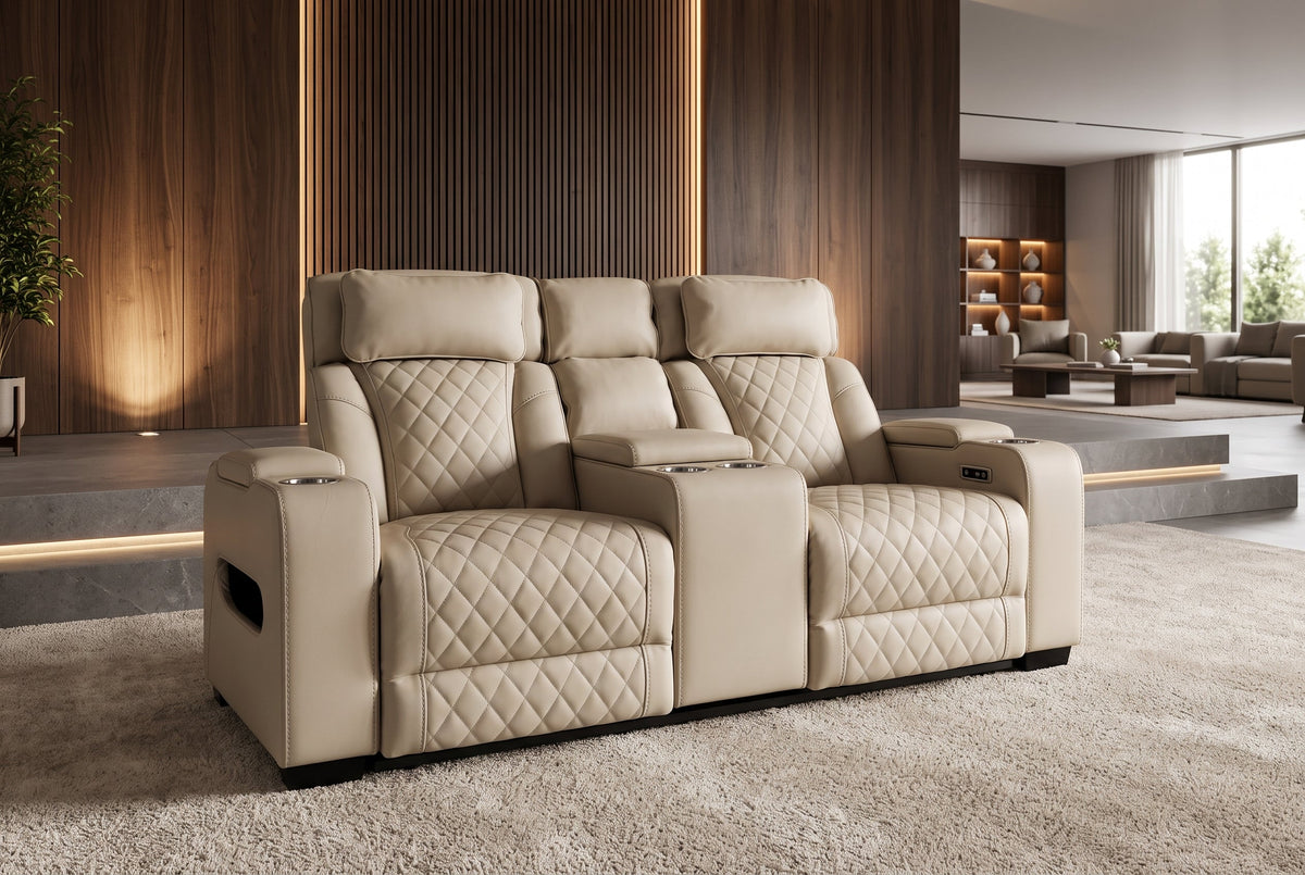 Fauteuil de cinéma électrique 2 places HOLLYWOOD beige similicuir fonction relaxation porte-gobelet