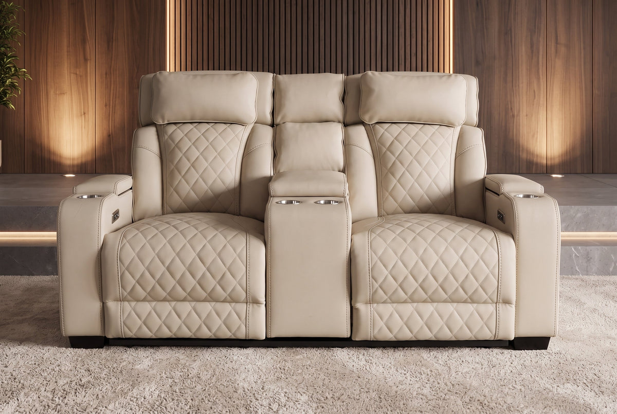 Fauteuil de cinéma électrique 2 places HOLLYWOOD beige similicuir fonction relaxation porte-gobelet