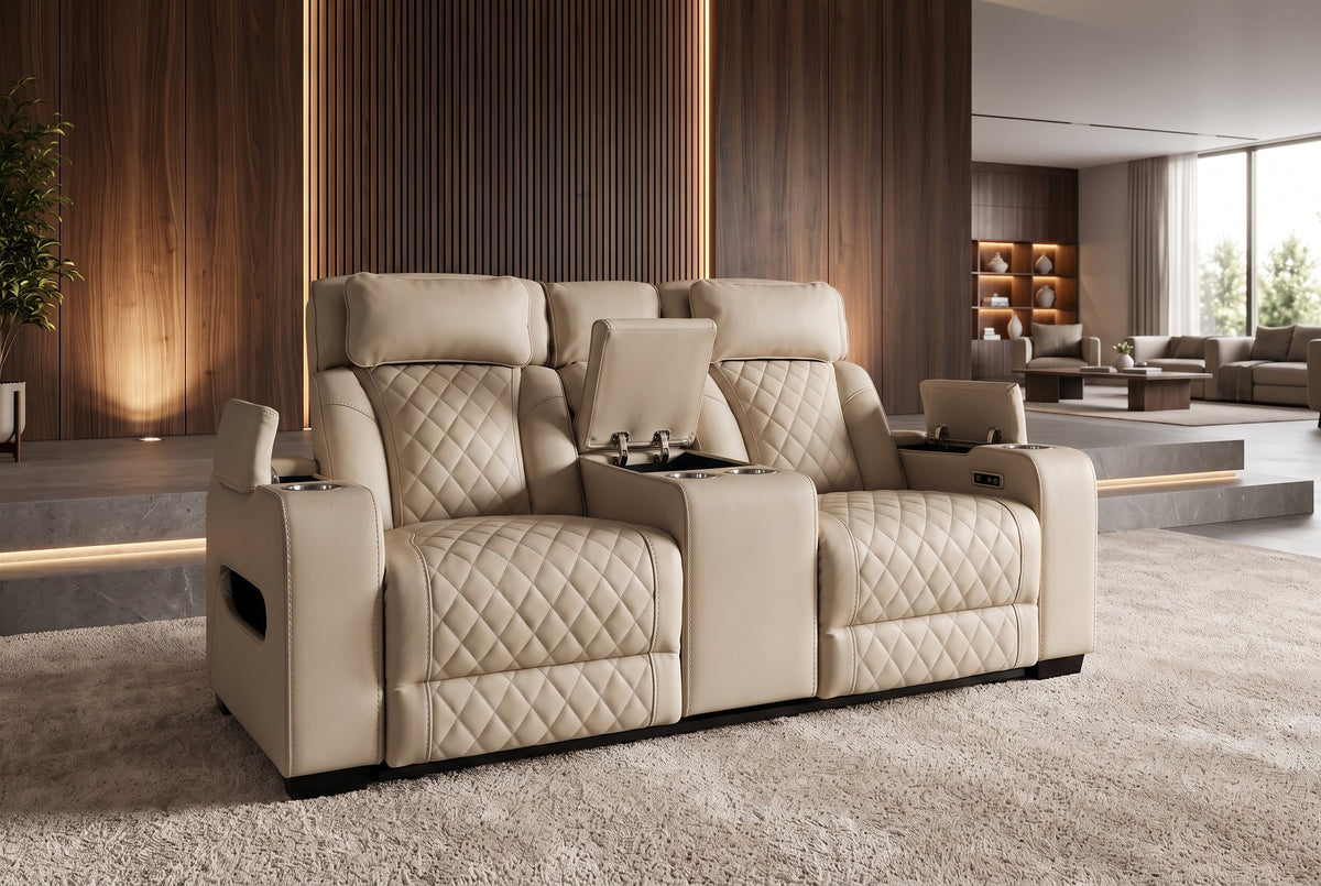 Fauteuil de cinéma électrique 2 places HOLLYWOOD beige similicuir fonction relaxation porte-gobelet