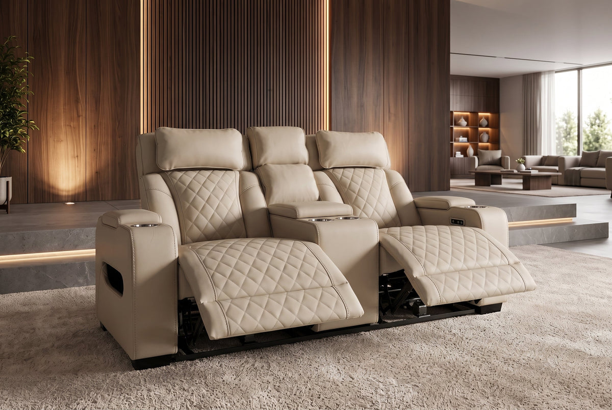 Fauteuil de cinéma électrique 2 places HOLLYWOOD beige similicuir fonction relaxation porte-gobelet