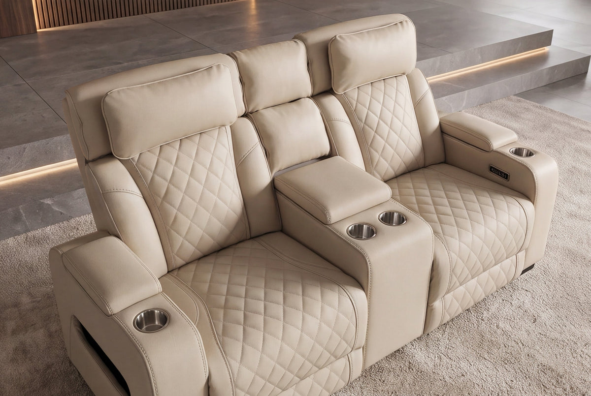 Fauteuil de cinéma électrique 2 places HOLLYWOOD beige similicuir fonction relaxation porte-gobelet