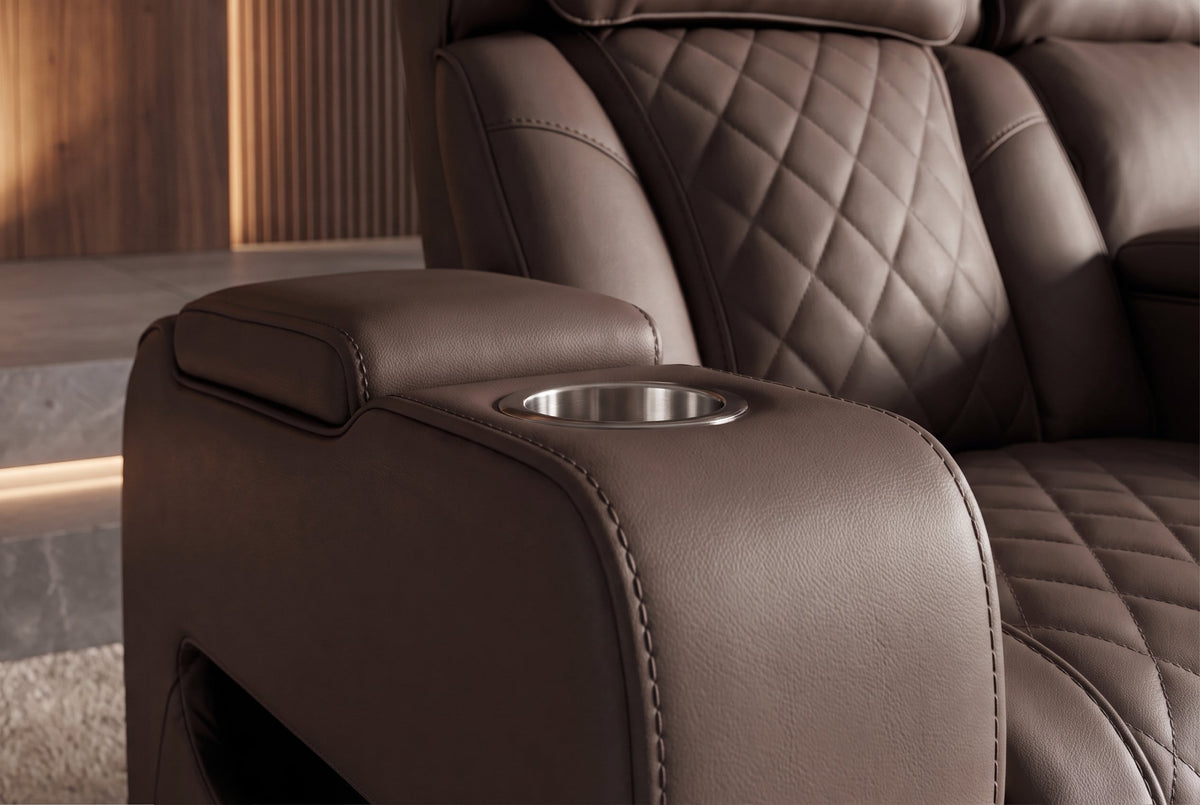 Fauteuil de cinéma électrique 2 places HOLLYWOOD marron similicuir fonction relaxation porte-gobelet