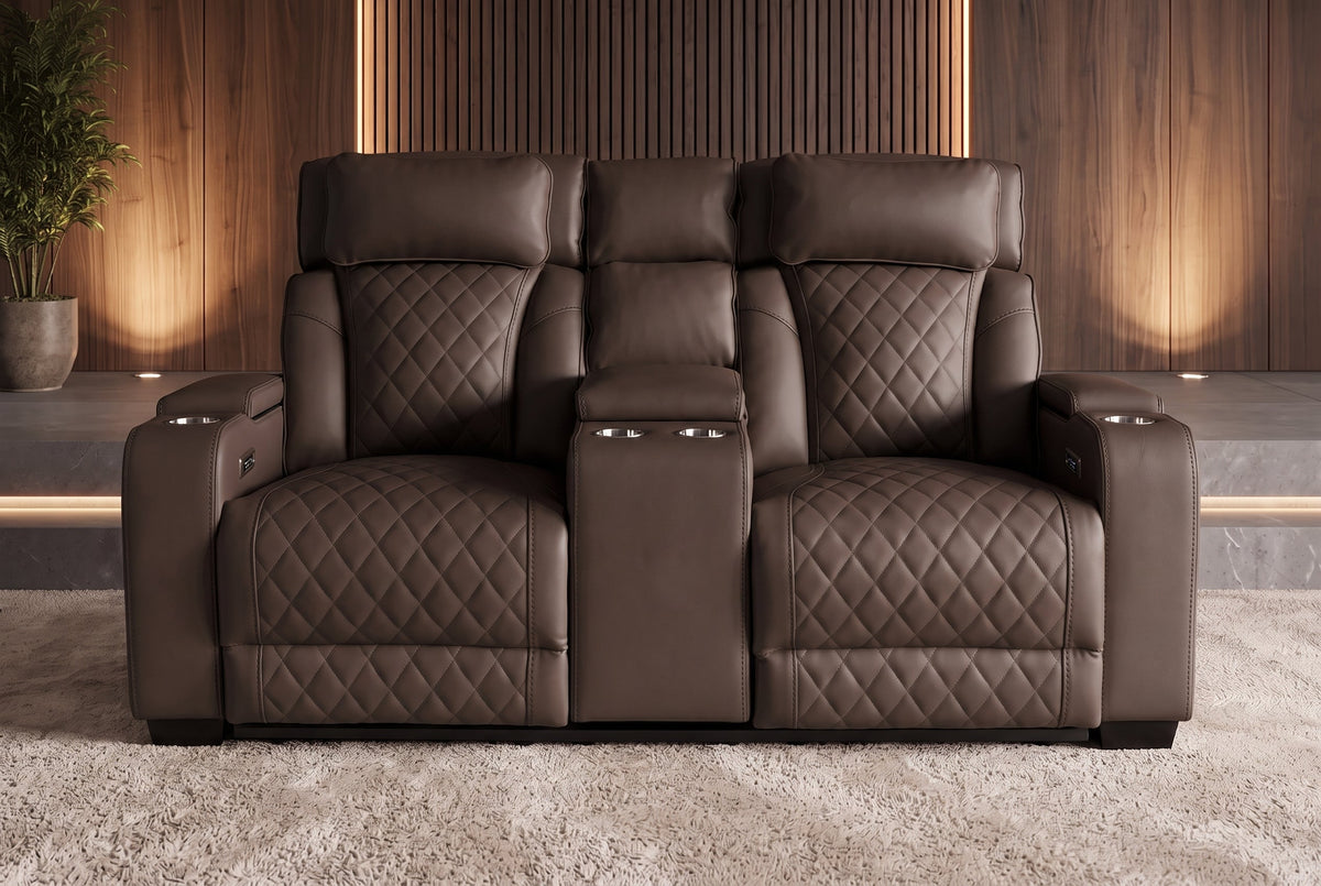 Fauteuil de cinéma électrique 2 places HOLLYWOOD marron similicuir fonction relaxation porte-gobelet