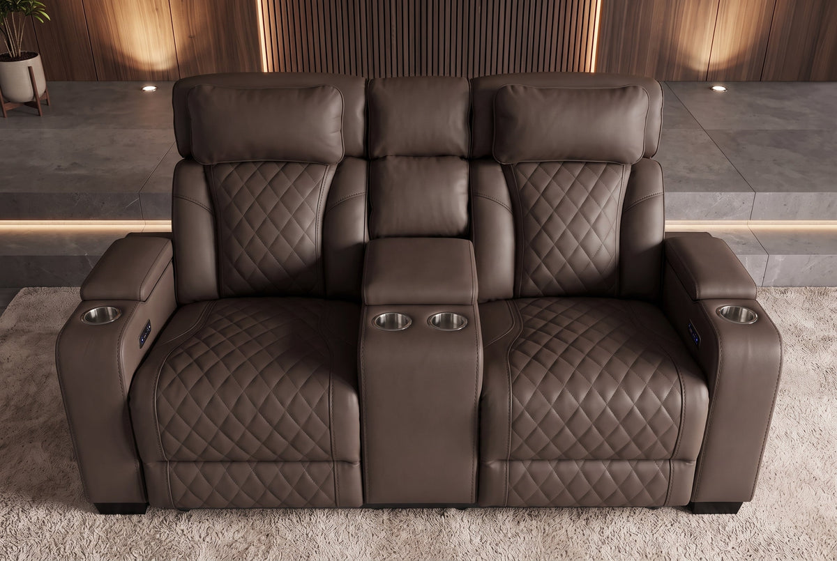 Fauteuil de cinéma électrique 2 places HOLLYWOOD marron similicuir fonction relaxation porte-gobelet