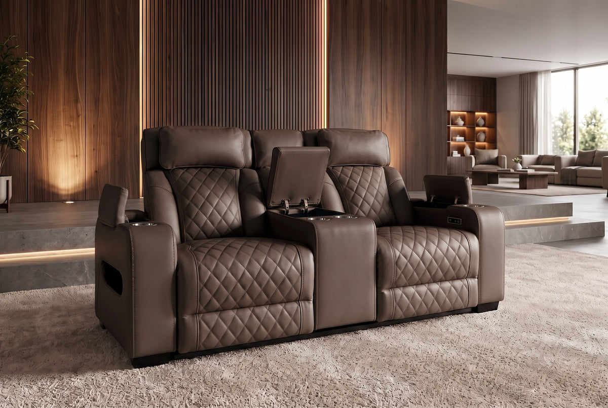Fauteuil de cinéma électrique 2 places HOLLYWOOD marron similicuir fonction relaxation porte-gobelet