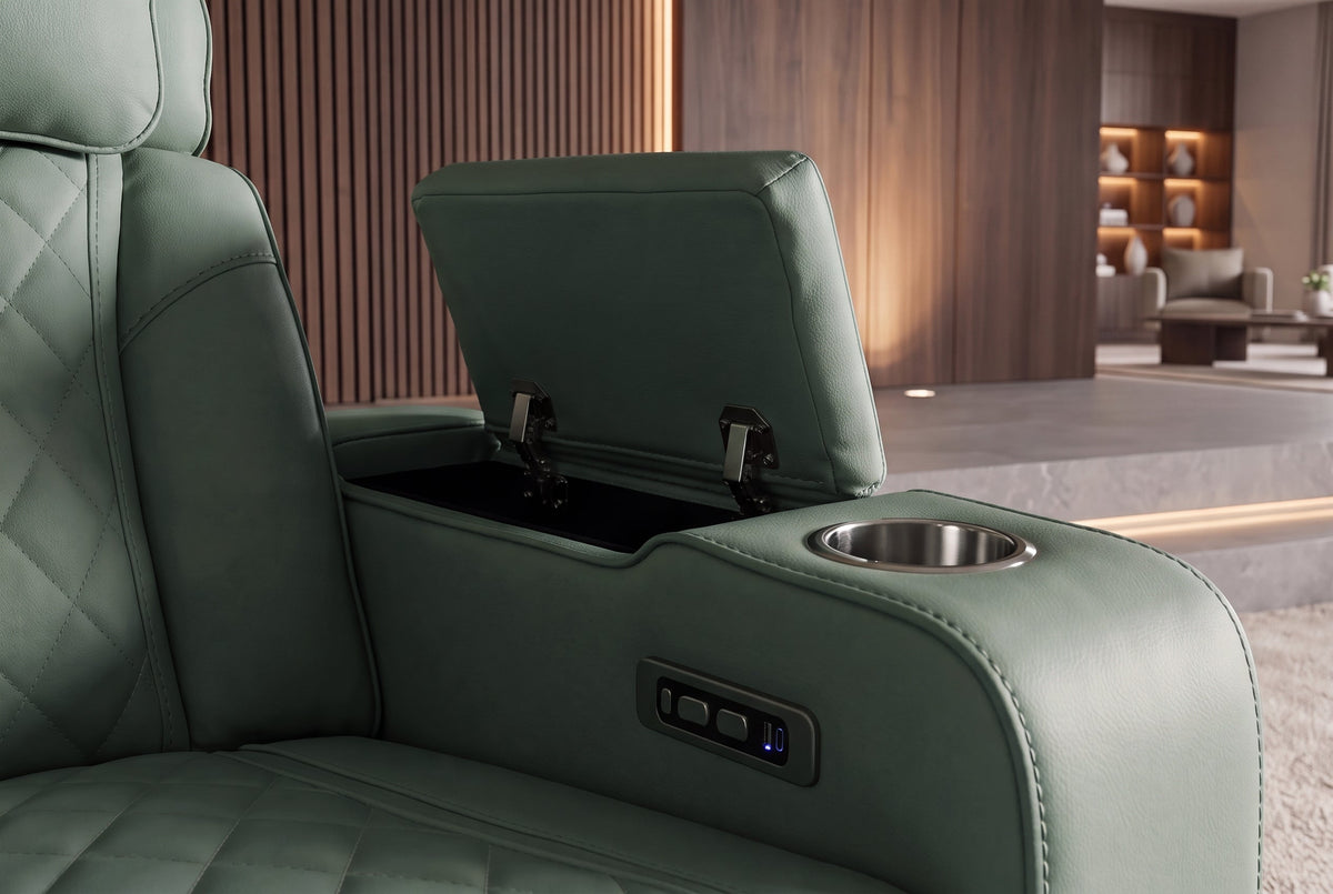 Fauteuil de cinéma électrique 2 places HOLLYWOOD sauge similicuir fonction relaxation porte-gobelet