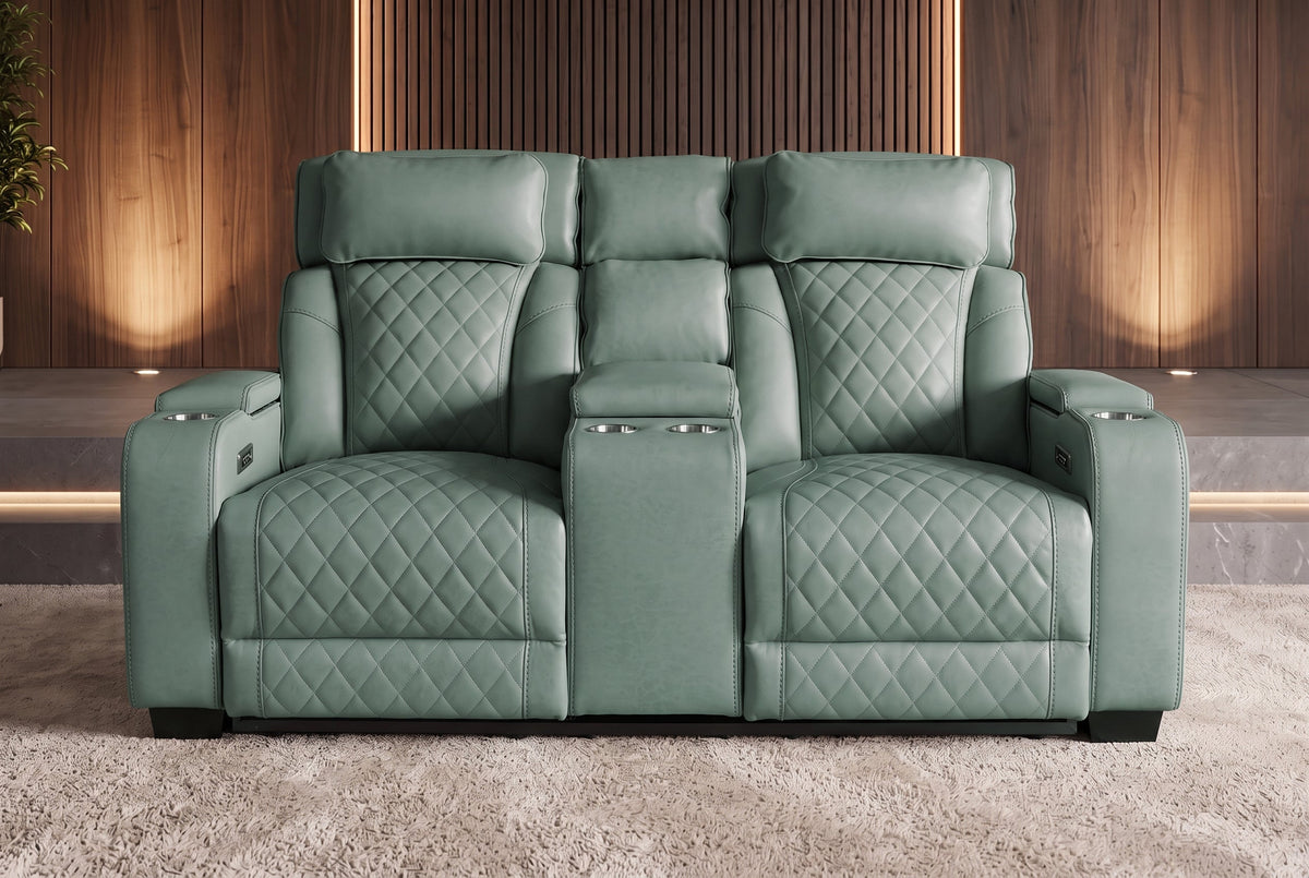 Fauteuil de cinéma électrique 2 places HOLLYWOOD sauge similicuir fonction relaxation porte-gobelet