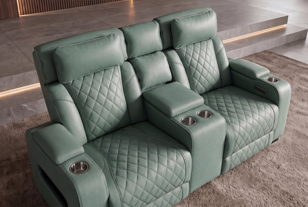 Fauteuil de cinéma électrique 2 places HOLLYWOOD sauge similicuir fonction relaxation porte-gobelet