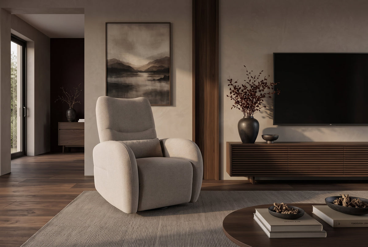 Fauteuil de cinéma électrique PRIORITY greige incluant coussin rotatif à 360° avec prise USB
