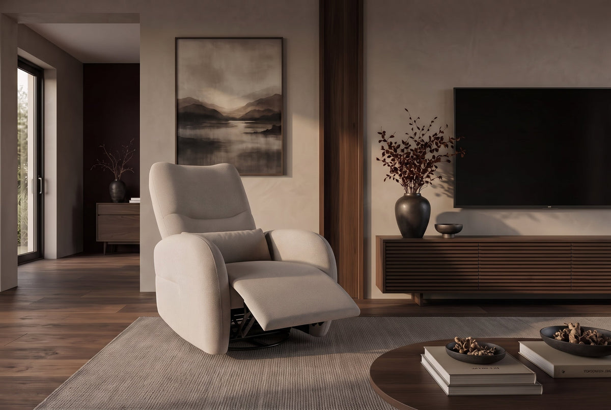 Fauteuil de cinéma électrique PRIORITY greige incluant coussin rotatif à 360° avec prise USB