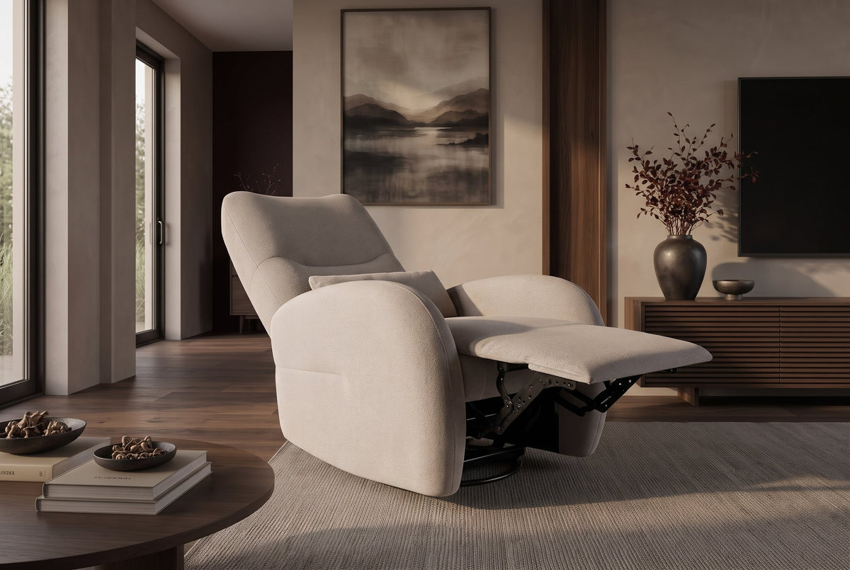Fauteuil de cinéma électrique PRIORITY greige incluant coussin rotatif à 360° avec prise USB
