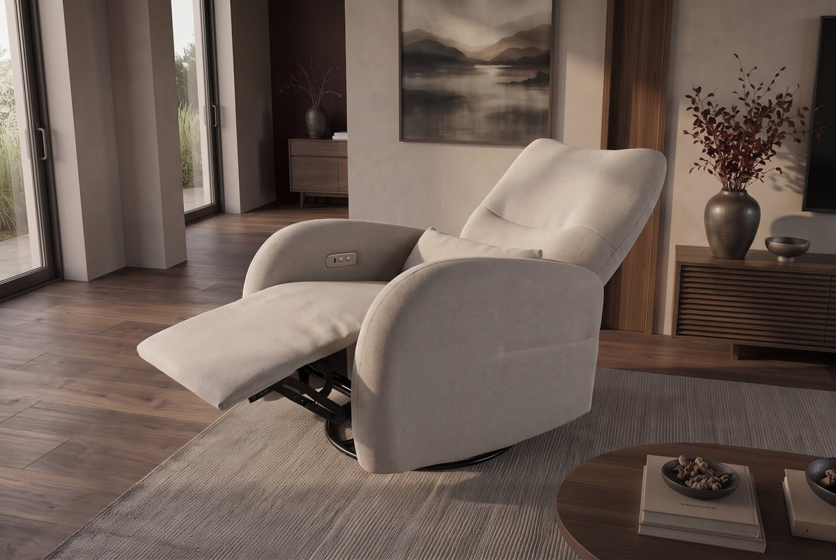 Fauteuil de cinéma électrique PRIORITY greige incluant coussin rotatif à 360° avec prise USB
