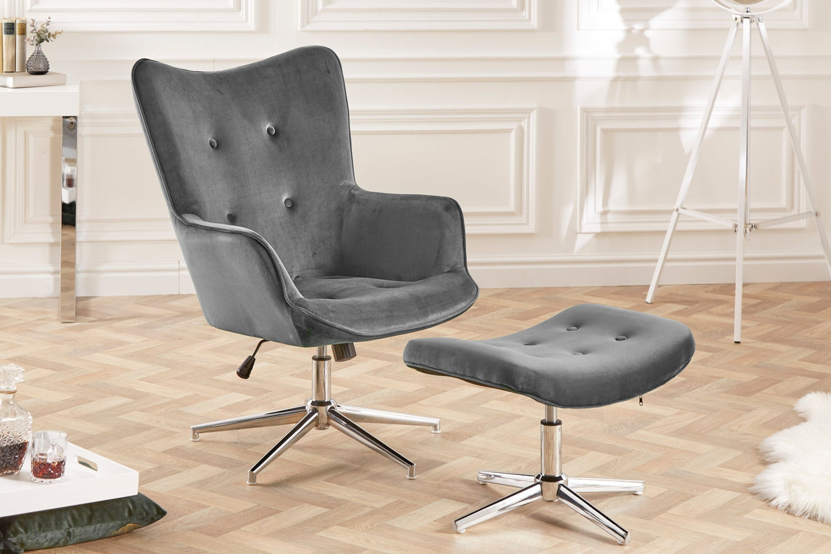 Fauteuil design MR. LOUNGER gris chromé velours réglable en hauteur pivotant rétro