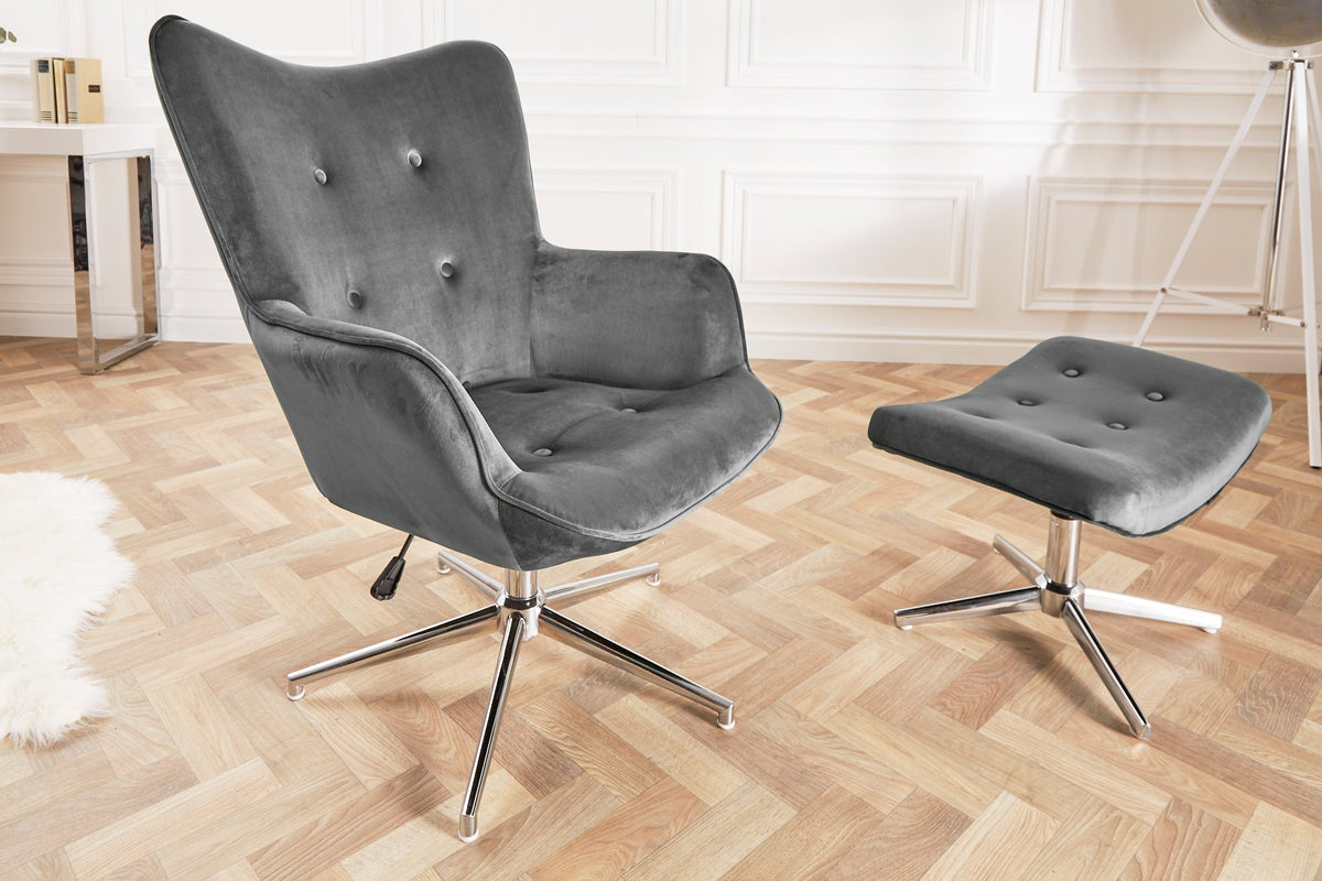 Fauteuil design MR. LOUNGER gris chromé velours réglable en hauteur pivotant rétro