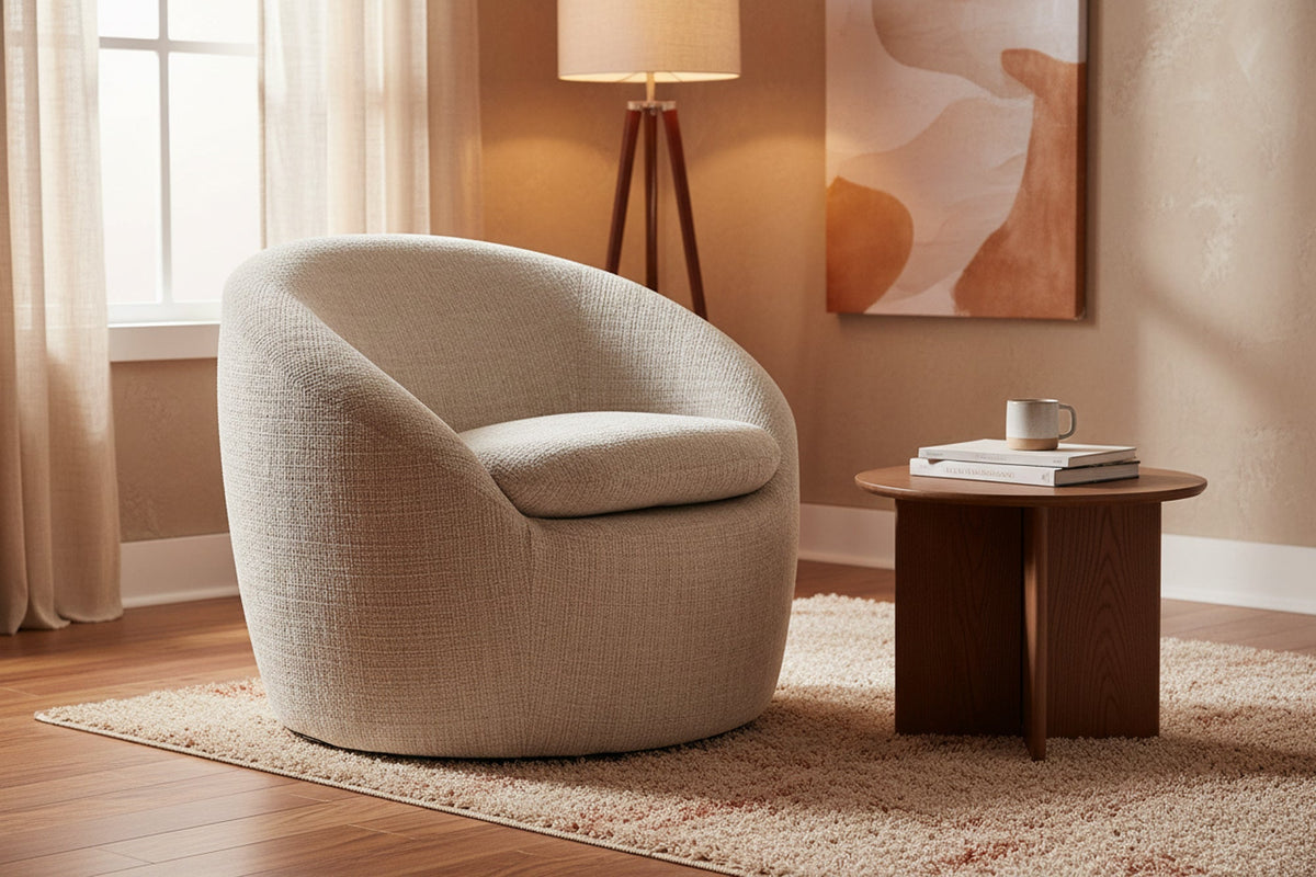 Fauteuil design pivotant ALPINE beige chenille Cremona 360° avec accoudoirs