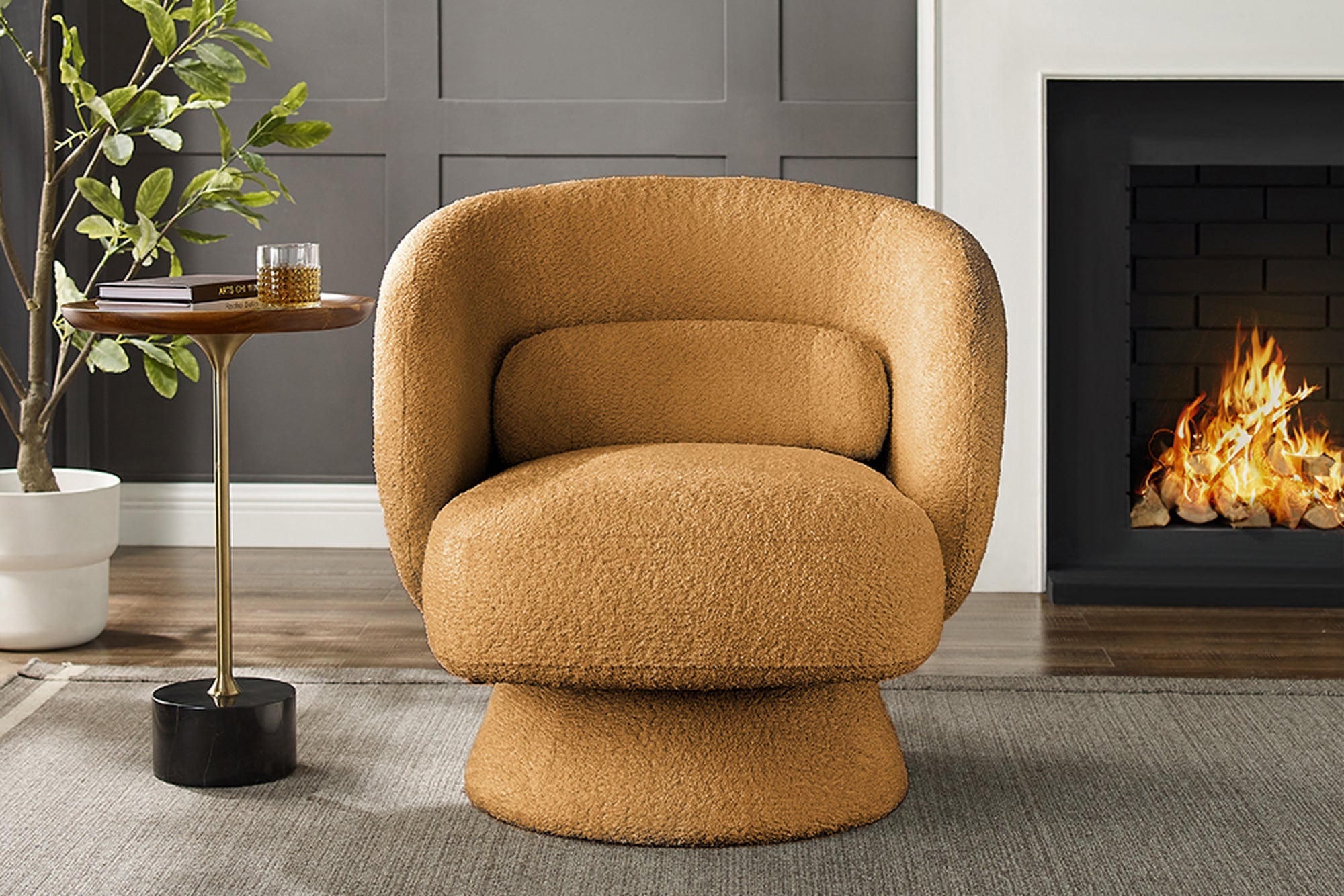 Fauteuil design pivotant BOSSA NOVA 80cm jaune moutarde Bouclé