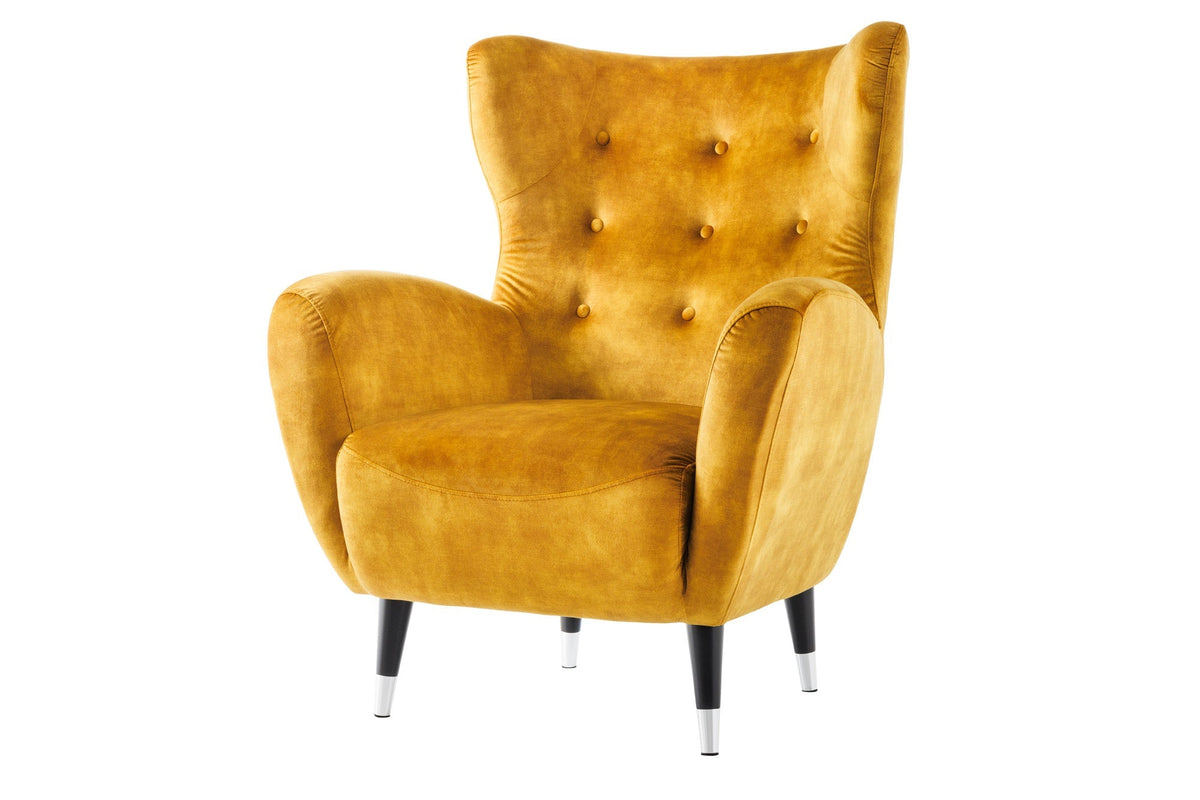 Fauteuil design rétro DON velours jaune moutarde âme à ressorts embouts pieds argentés