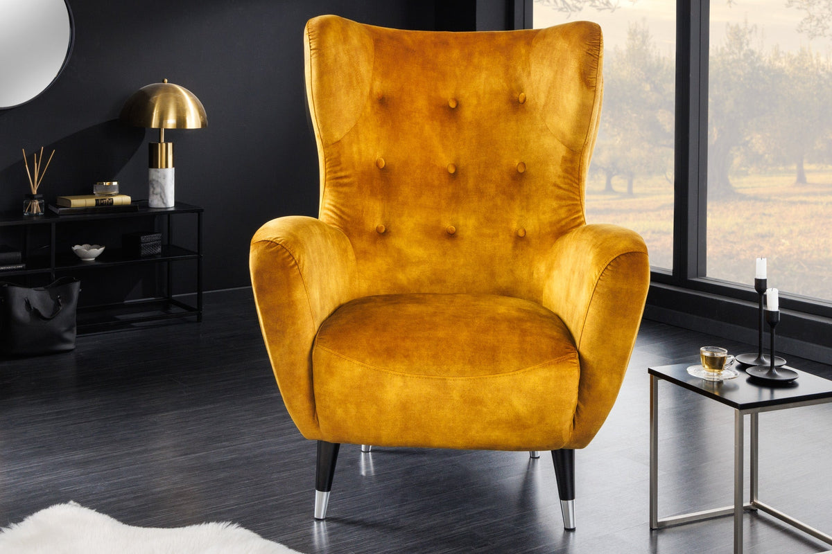 Fauteuil design rétro DON velours jaune moutarde âme à ressorts embouts pieds argentés