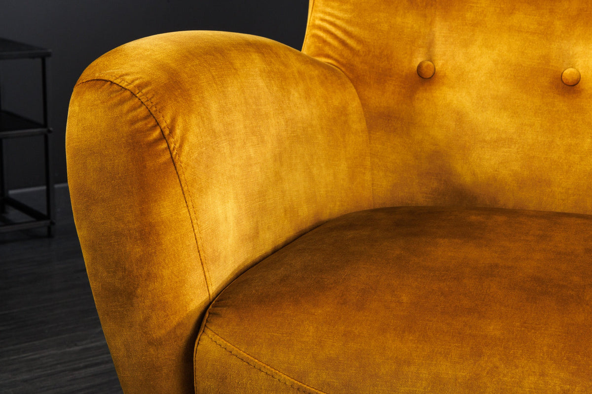 Fauteuil design rétro DON velours jaune moutarde âme à ressorts embouts pieds argentés