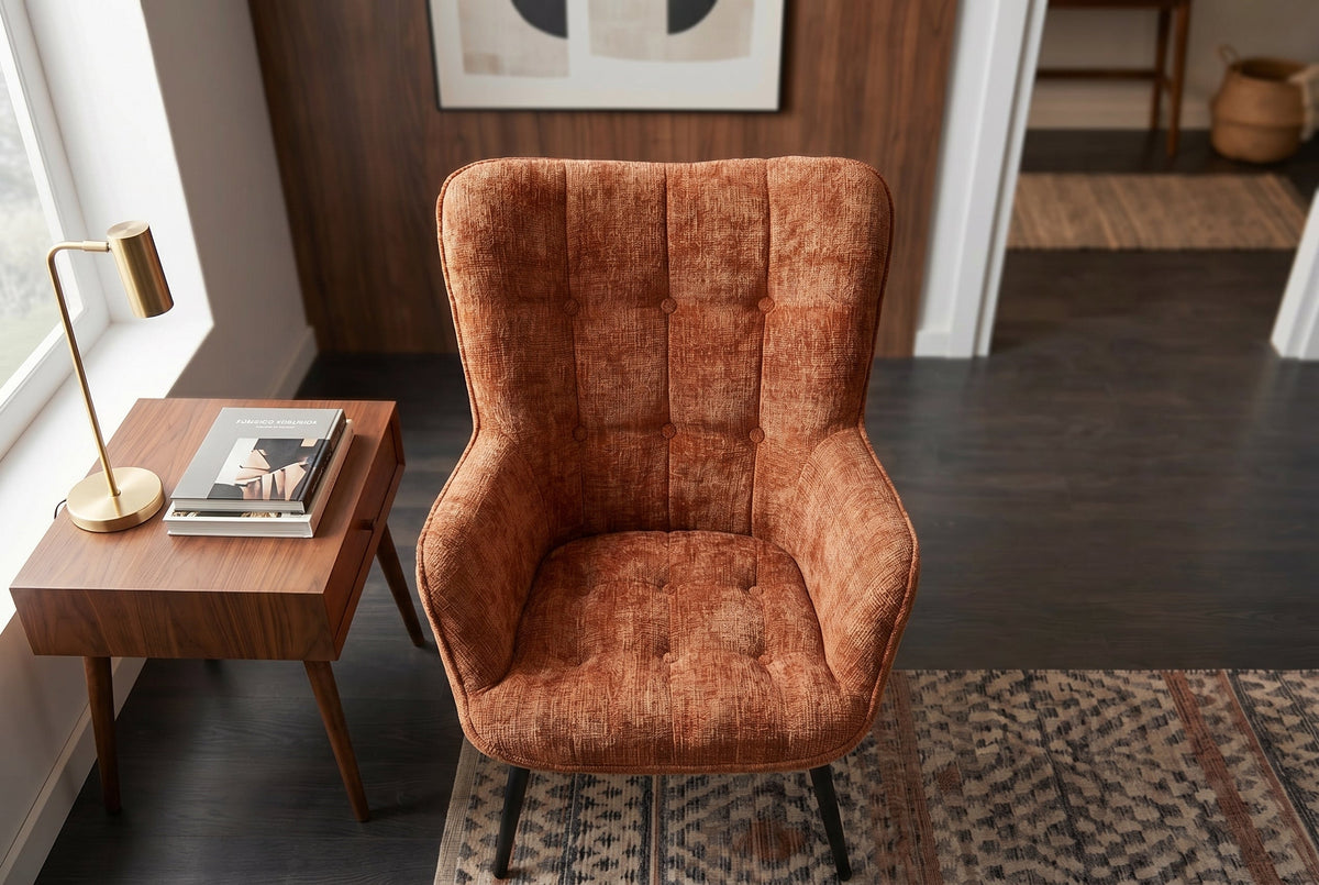 Fauteuil design SCANDINAVIA chenille marron rouille Cremona métal noir avec accoudoir