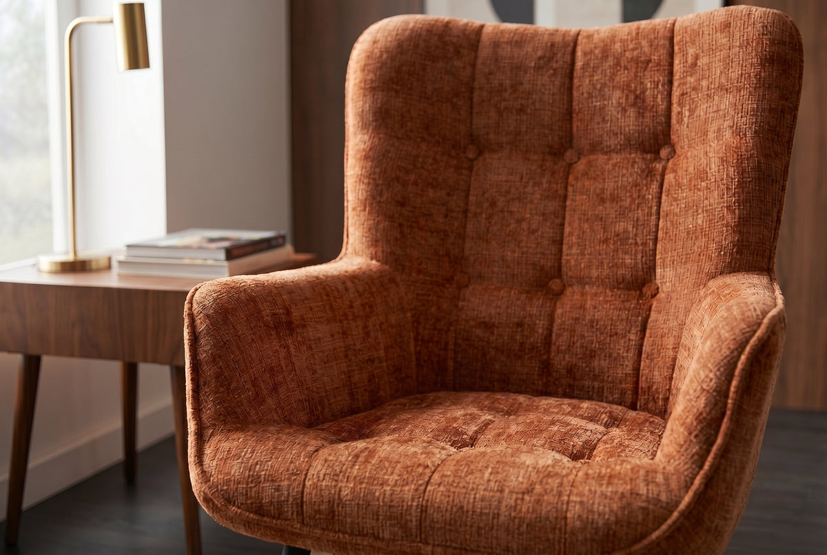 Fauteuil design SCANDINAVIA chenille marron rouille Cremona métal noir avec accoudoir