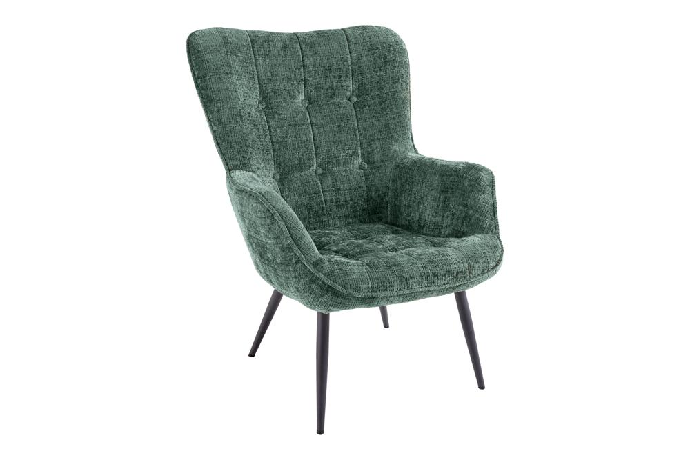 Fauteuil design SCANDINAVIA chenille verte Cremona métal noir avec accoudoir