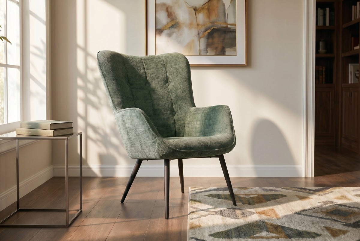 Fauteuil design SCANDINAVIA chenille verte Cremona métal noir avec accoudoir