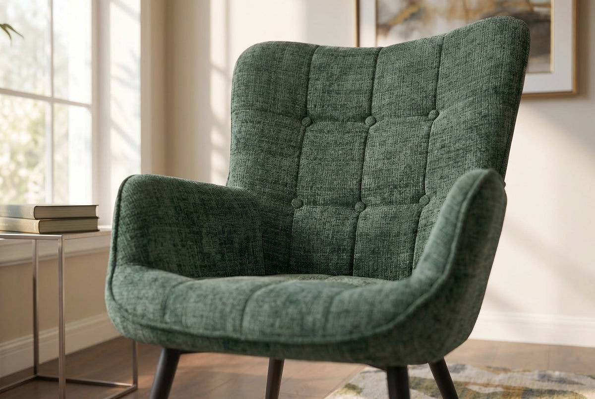 Fauteuil design SCANDINAVIA chenille verte Cremona métal noir avec accoudoir