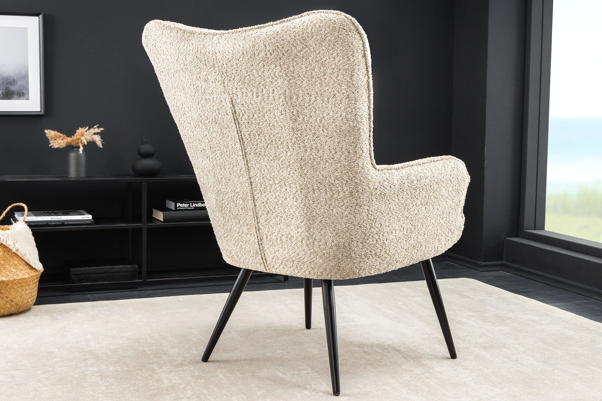 Fauteuil moderne SCANDINAVIA champagne grège Bouclé avec accoudoirs