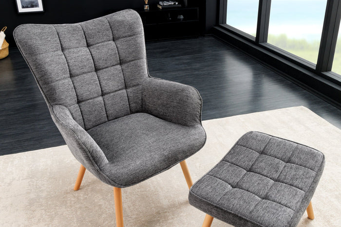 Fauteuil moderne SCANDINAVIA tissu structuré gris pieds en bois massif avec accoudoirs