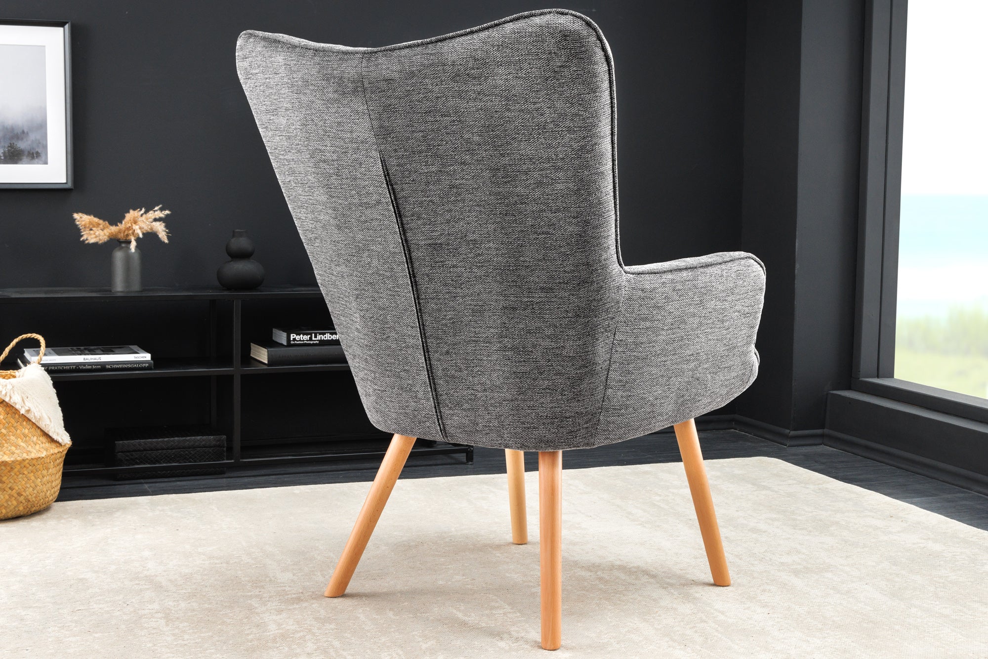 Fauteuil moderne SCANDINAVIA tissu structuré gris pieds en bois massif avec accoudoirs