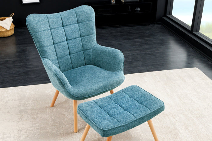 Fauteuil moderne SCANDINAVIA tissu texturé bleu pieds en bois massif avec accoudoirs