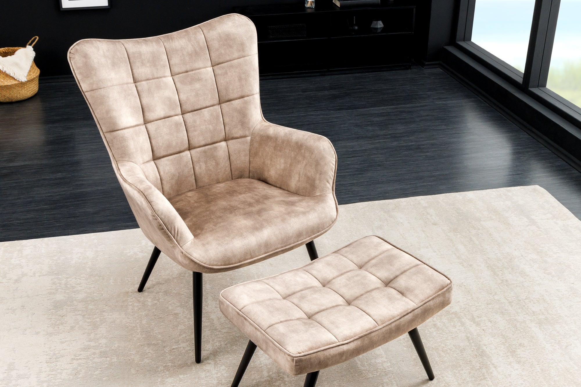 Fauteuil moderne SCANDINAVIA velours beige champagne pieds métal noir avec accoudoirs