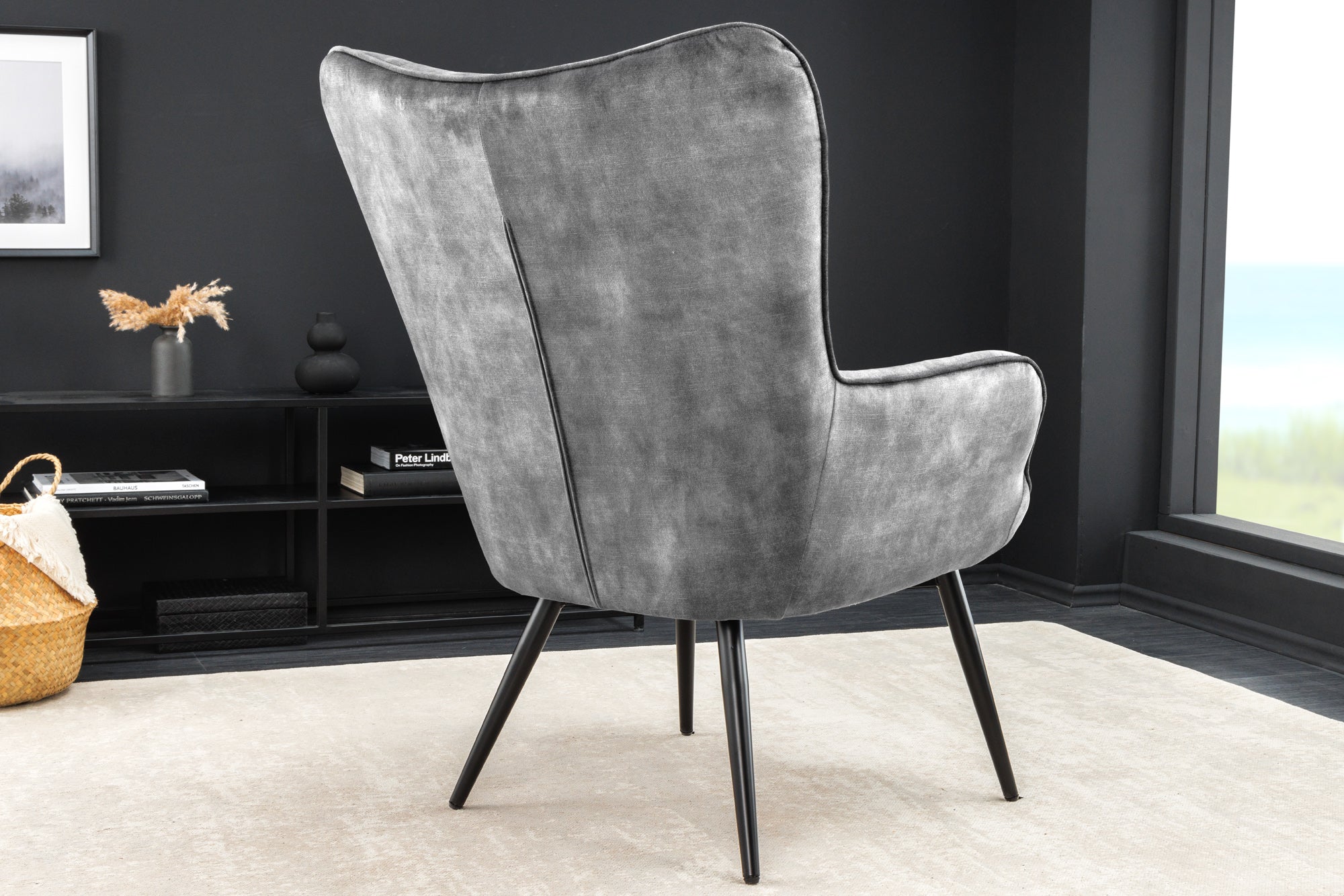 Fauteuil moderne SCANDINAVIA velours gris pieds métal noir avec accoudoirs