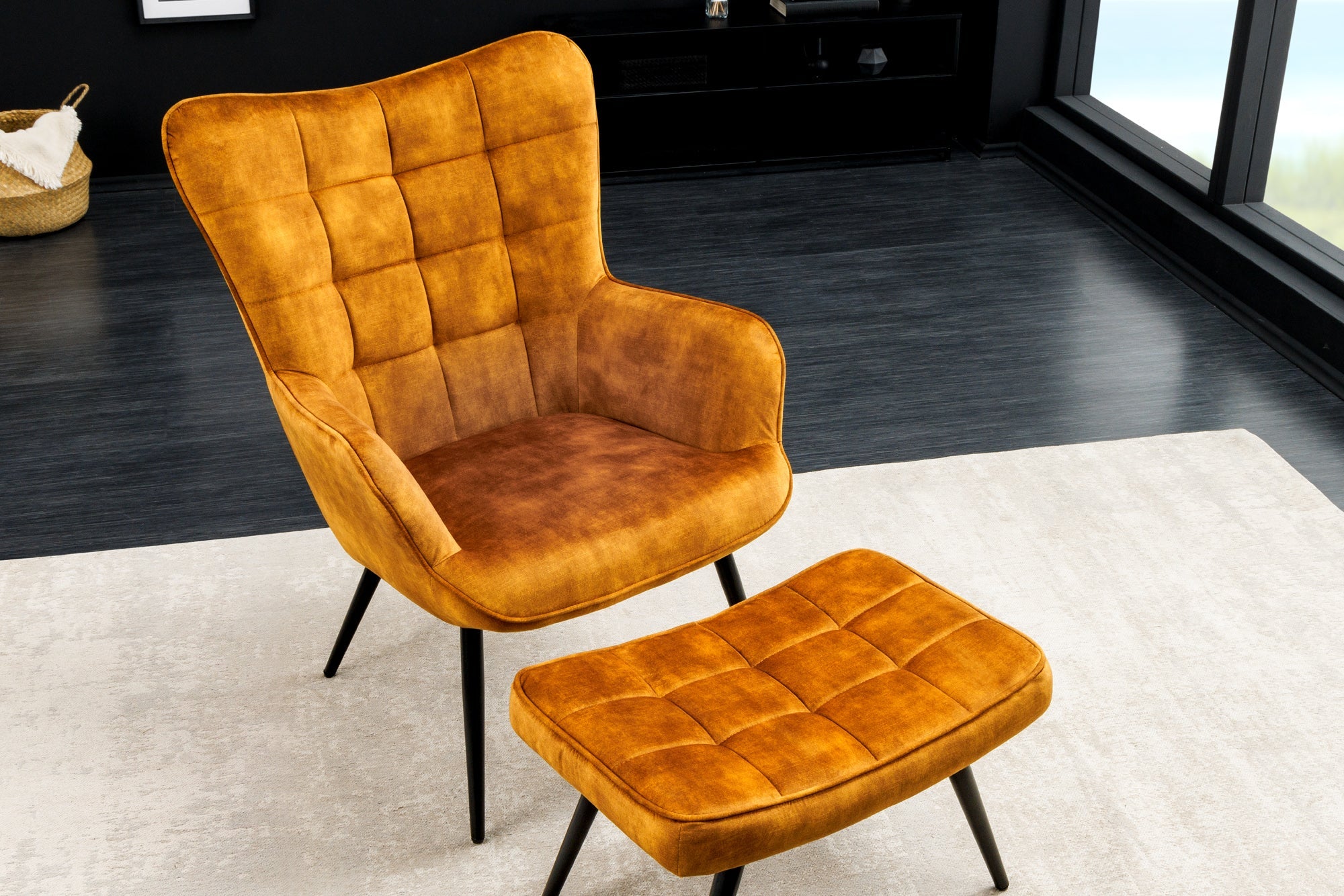 Fauteuil moderne SCANDINAVIA velours jaune moutarde pieds métal noir avec accoudoirs
