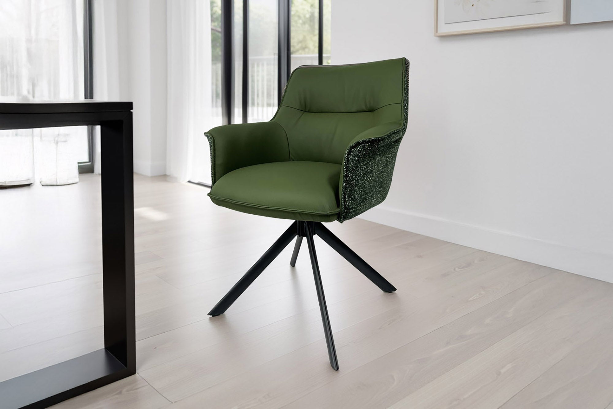 Lote de 2 sillones giratorios LE GRAND de cuero auténtico verde con tejido texturizado y estructura de metal negro