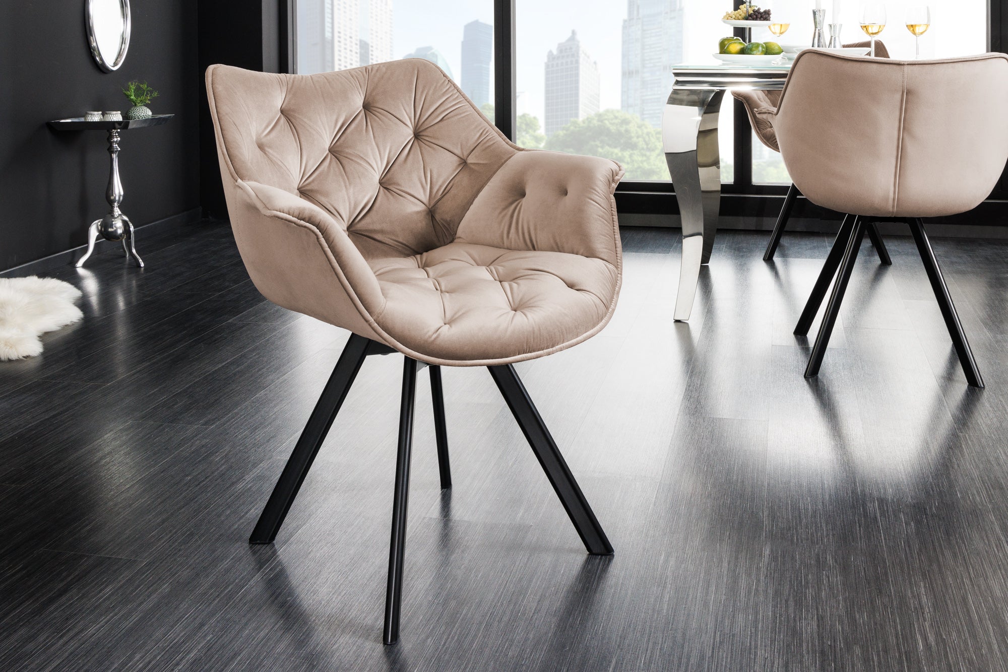 Sillón giratorio DUTCH COMFORT de terciopelo gris con reposabrazos Diseño moderno